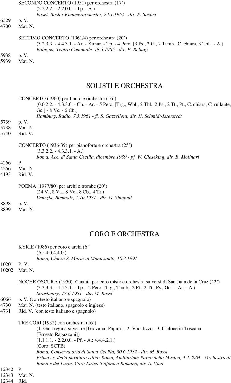V. 5939 Mat. N. SOLISTI E ORCHESTRA CONCERTO (1960) per flauto e orchestra (16 ) (0.0.2.2. - 4.3.3.0. - Ch. - Ar. - 5 Perc. [Trg., Wbl., 2 Tbl., 2 Ps., 2 Tt., Pt., C. chiara, C. rullante, Gc.] - 8 Vc.