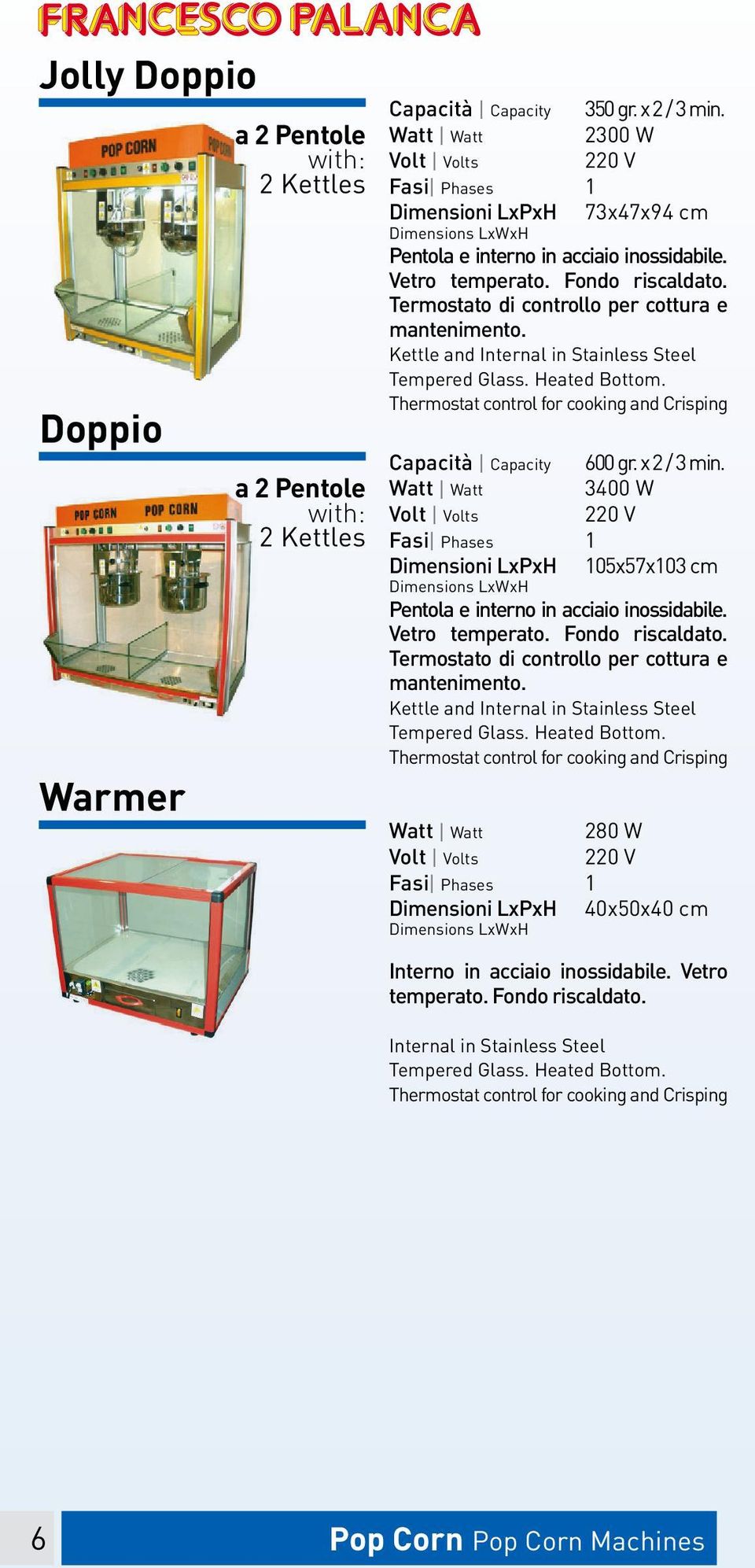 Thermostat control for cooking and Crisping Capacità I Capacity 600 gr. x 2 / 3 min. Watt I Watt 3400 W 105x57x103 cm Pentola e interno in acciaio inossidabile.