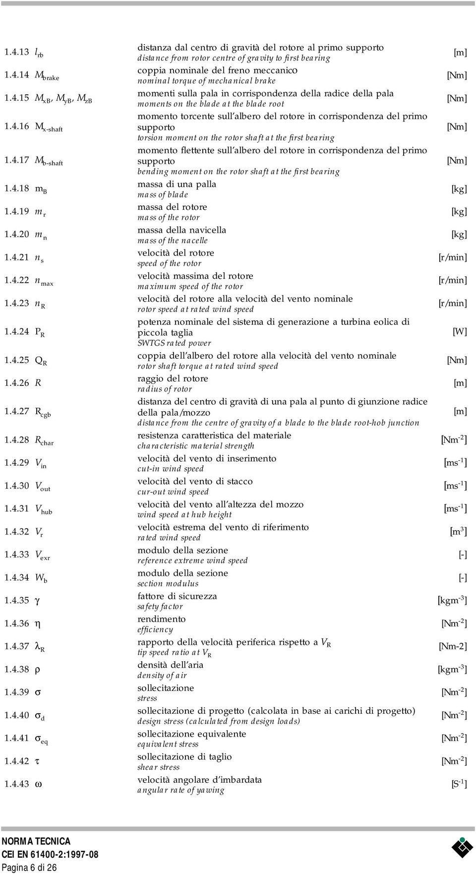 4.17 M b-shaft supporto bending moment on the rotor shaft at the first bearing 1.4.18 m massa di una palla B mass of blade 1.4.19 m massa del rotore r mass of the rotor 1.4.20 m massa della navicella n mass of the nacelle 1.