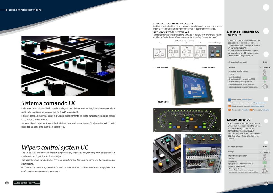 Sistema di comando UC su misura Sono costituiti da una centralina che gestisce sia I tergicristalli sia i dispositivi ausiliari collegata, tramite un cavo in dotazione, ad un pannello di comando