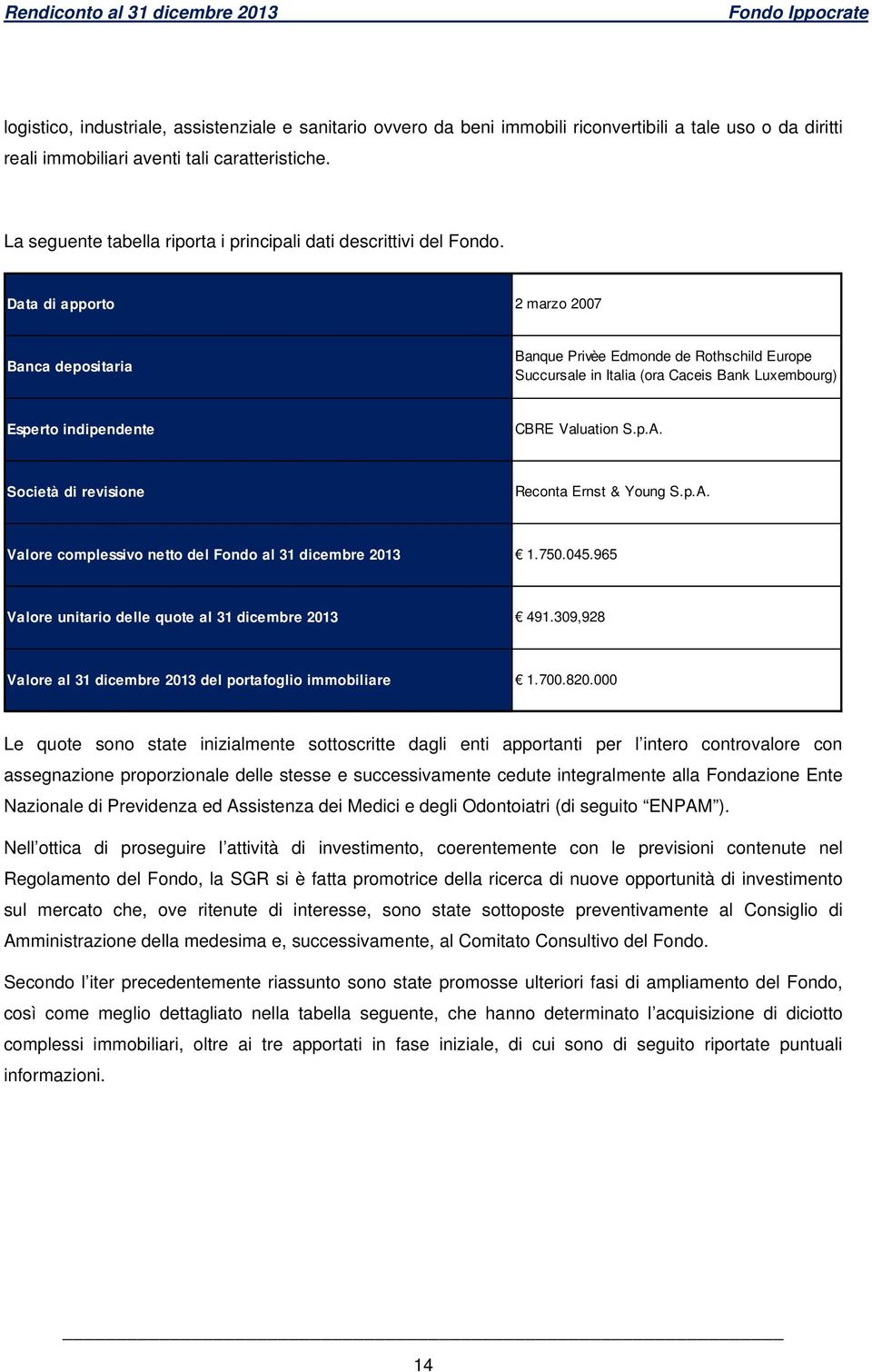 Data di apporto 2 marzo 2007 Banca depositaria Banque Privèe Edmonde de Rothschild Europe Succursale in Italia (ora Caceis Bank Luxembourg) Esperto indipendente CBRE Valuation S.p.A.