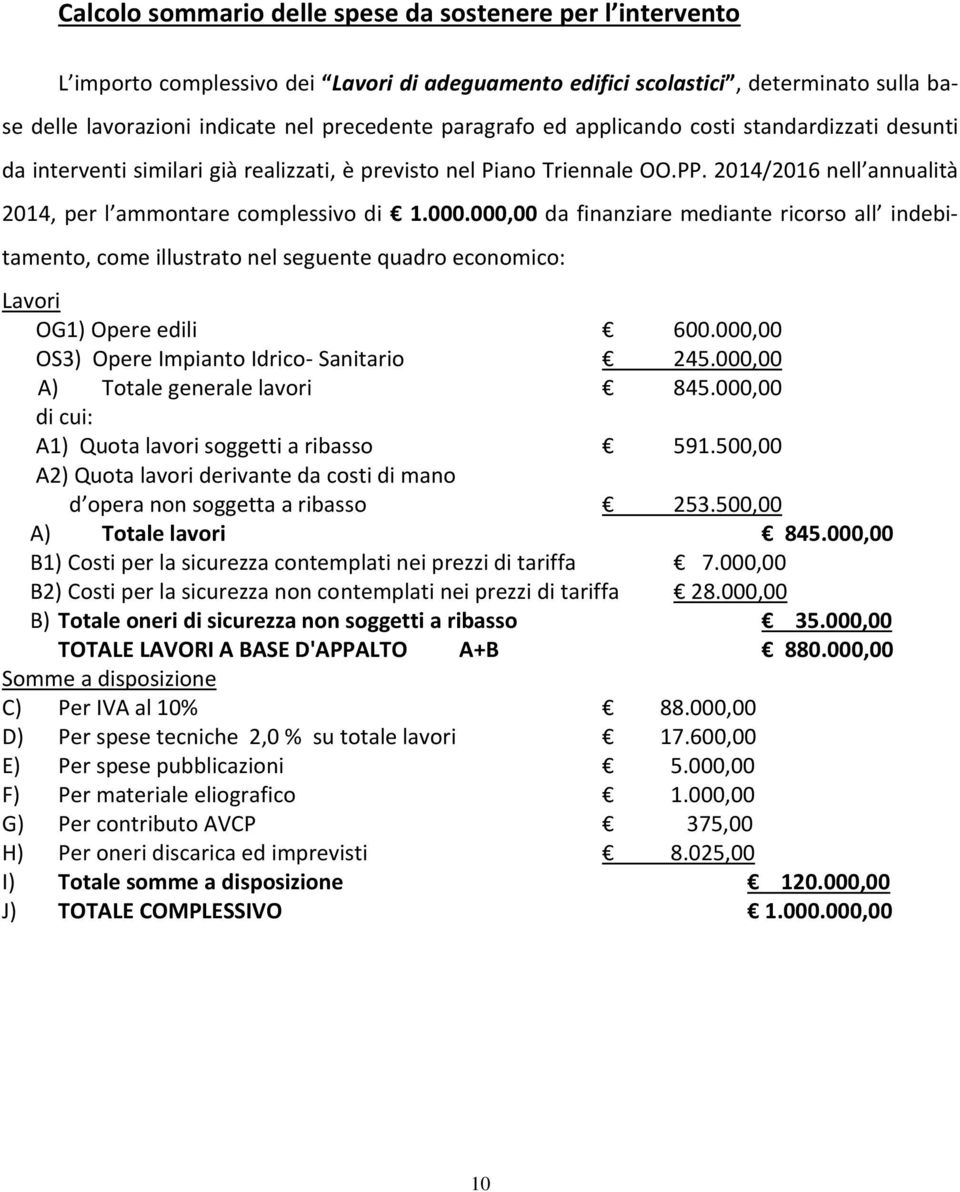 000,00 da finanziare mediante ricorso all indebitamento, come illustrato nel seguente quadro economico: Lavori OG1) Opere edili 600.000,00 OS3) Opere Impianto Idrico- Sanitario 245.