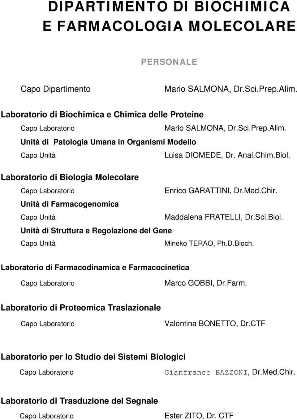 Unità di Farmacogenomica Capo Unità Maddalena FRATELLI, Dr.Sci.Biol. Unità di Struttura e Regolazione del Gene Capo Unità Mineko TERAO, Ph.D.Bioch.