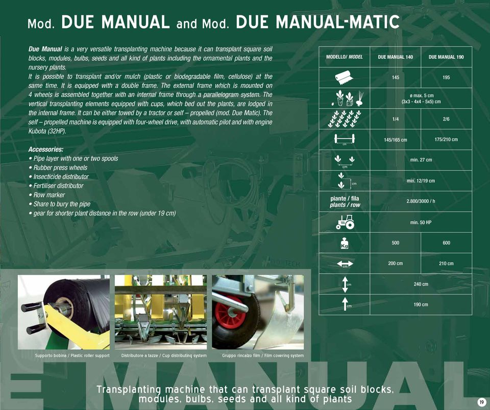 the nursery plants. It is possible to transplant and/or mulch (plastic or biodegradable film, cellulose) at the same time. It is equipped with a double frame.