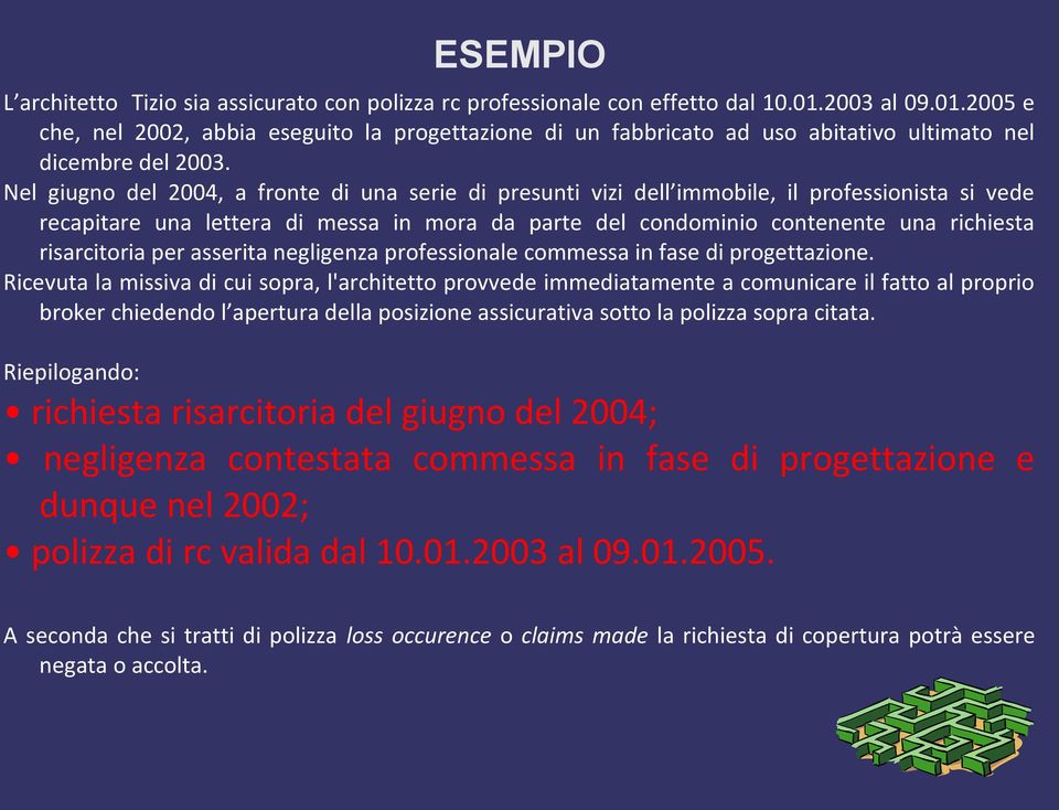 Nel giugno del 2004, a fronte di una serie di presunti vizi dell immobile, il professionista si vede recapitare una lettera di messa in mora da parte del condominio contenente una richiesta