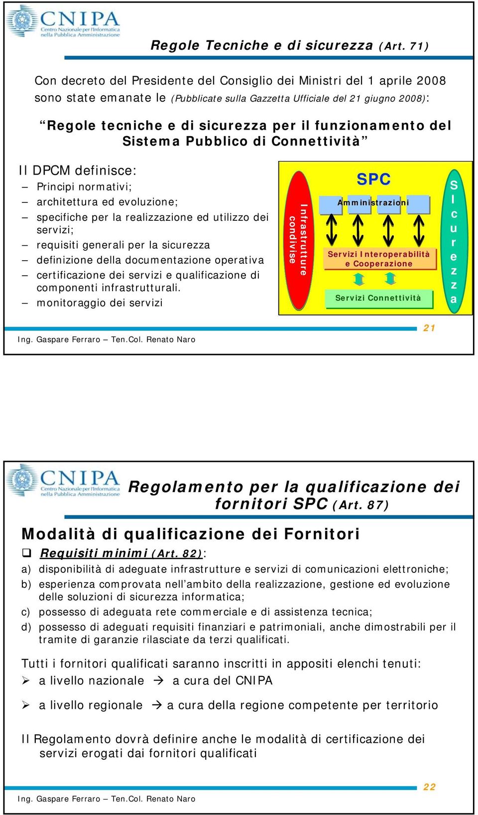 funzionamento del Sistema Pubblico di Connettività Il DPCM definisce: Principi normativi; architettura ed evoluzione; specifiche per la realizzazione ed utilizzo dei servizi; requisiti generali per