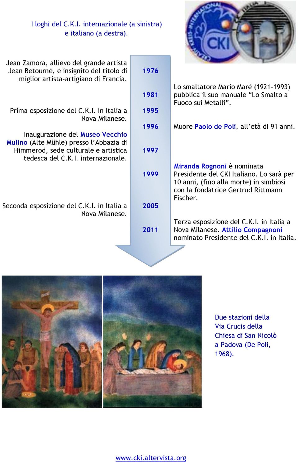 Seconda esposizione del C.K.I. in Italia a Nova Milanese. 1976 1981 1995 Lo smaltatore Mario Maré (1921-1993) pubblica il suo manuale Lo Smalto a Fuoco sui Metalli.