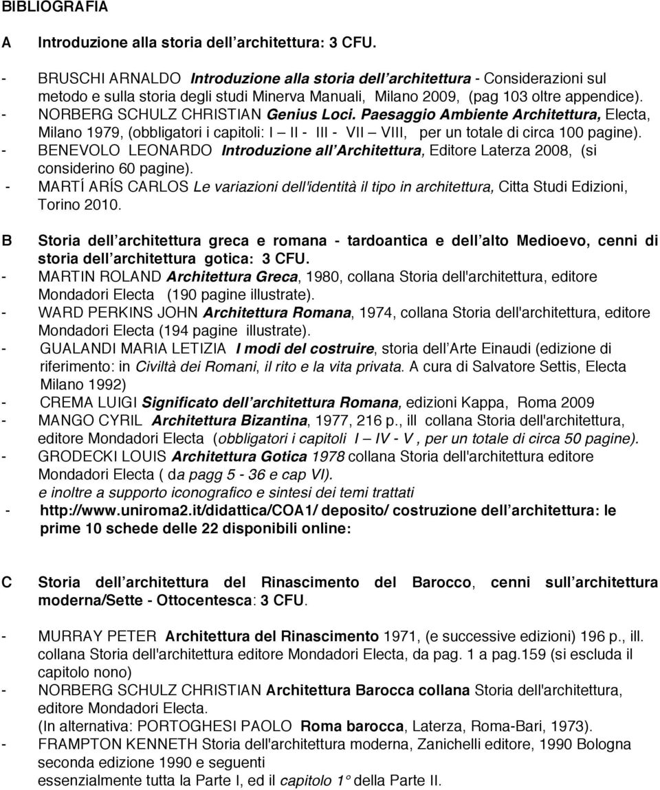 - NORBERG SCHULZ CHRISTIAN Genius Loci. Paesaggio Ambiente Architettura, Electa, Milano 1979, (obbligatori i capitoli: I II - III - VII VIII, per un totale di circa 100 pagine).