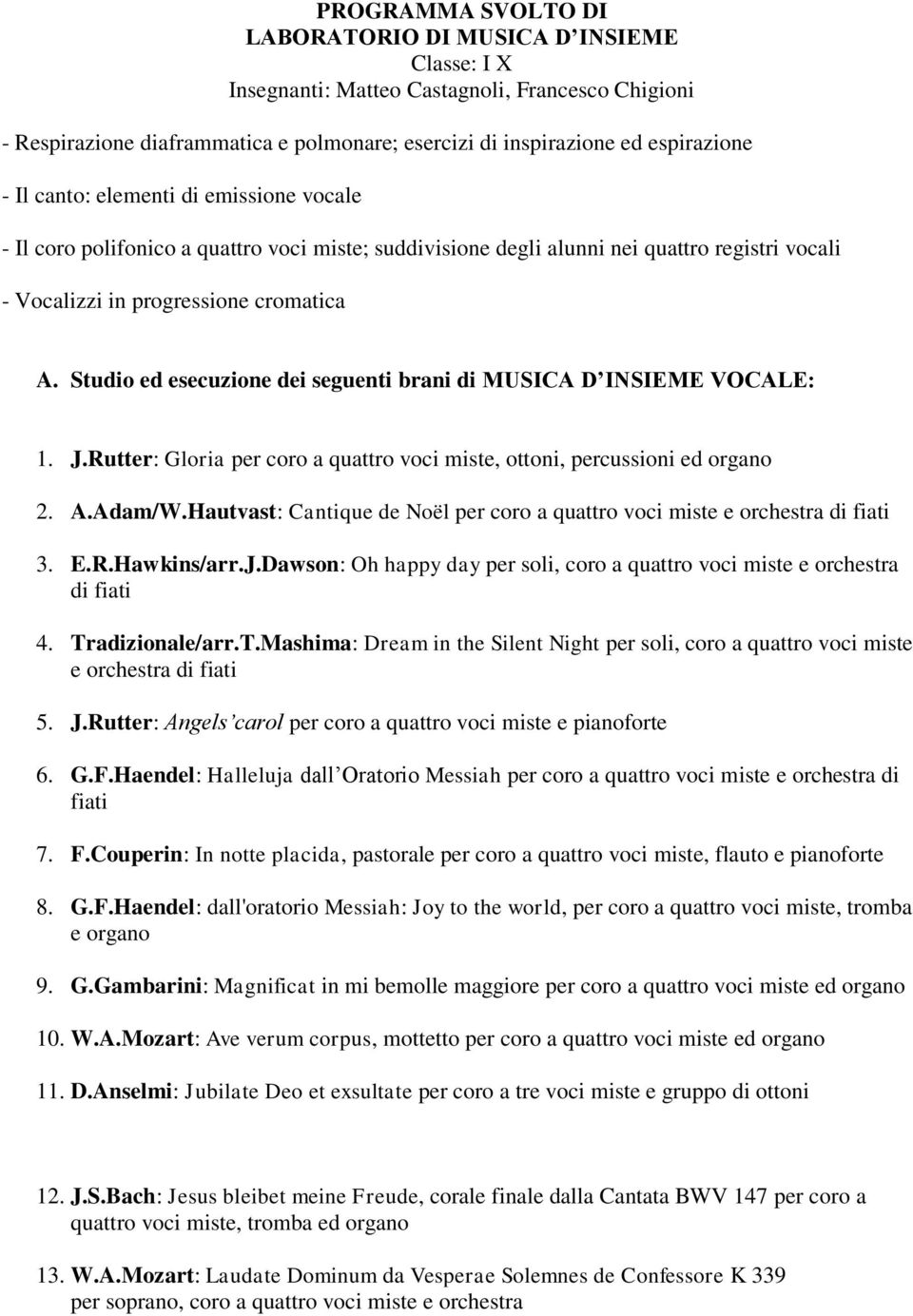 Studio ed esecuzione dei seguenti brani di MUSICA D INSIEME VOCALE: 1. J.Rutter: Gloria per coro a quattro voci miste, ottoni, percussioni ed organo 2. A.Adam/W.