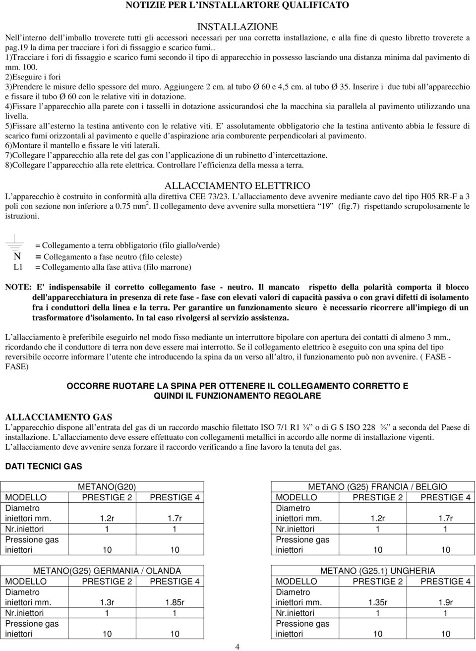 . 1)Tracciare i fori di fissaggio e scarico fumi secondo il tipo di apparecchio in possesso lasciando una distanza minima dal pavimento di mm. 100.