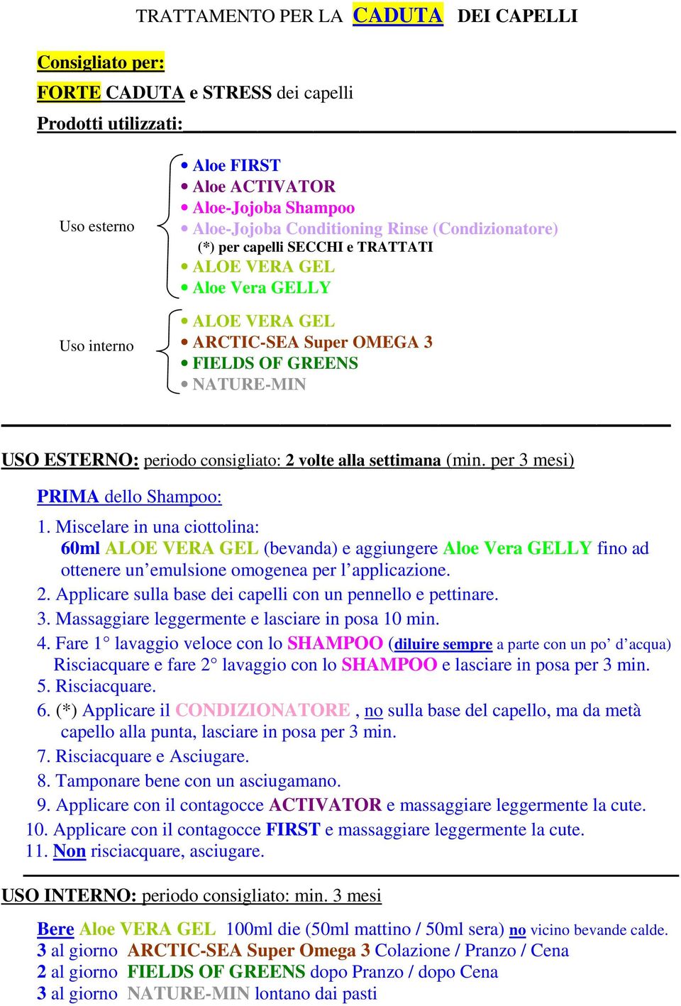 per 3 mesi) PRIMA dello Shampoo: 1. Miscelare in una ciottolina: 60ml ALOE VERA GEL (bevanda) e aggiungere Aloe Vera GELLY fino ad ottenere un emulsione omogenea per l applicazione. 2.