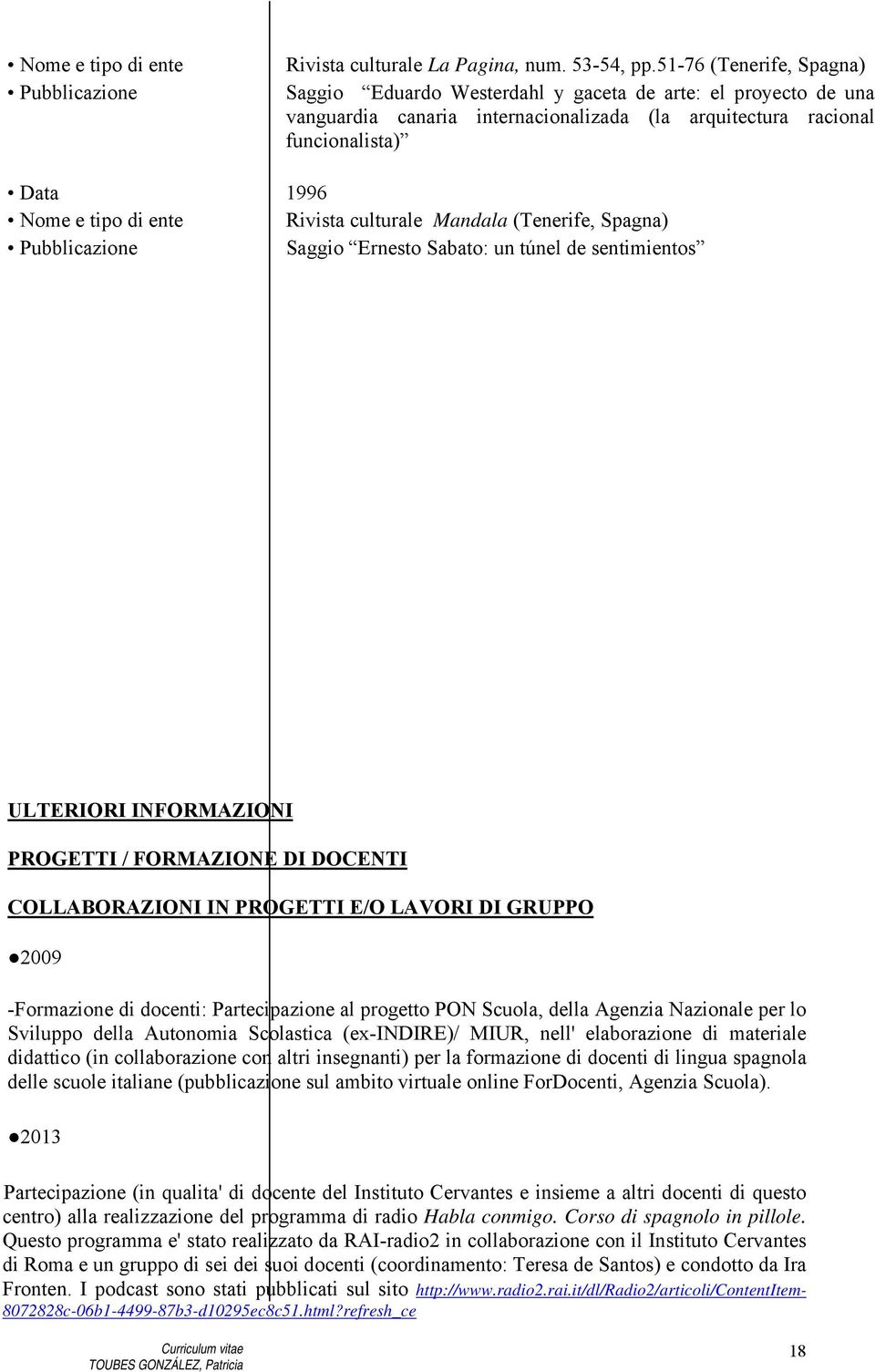 Rivista culturale Mandala (Tenerife, Spagna) Pubblicazione Saggio Ernesto Sabato: un túnel de sentimientos ULTERIORI INFORMAZIONI PROGETTI / FORMAZIONE DI DOCENTI COLLABORAZIONI IN PROGETTI E/O