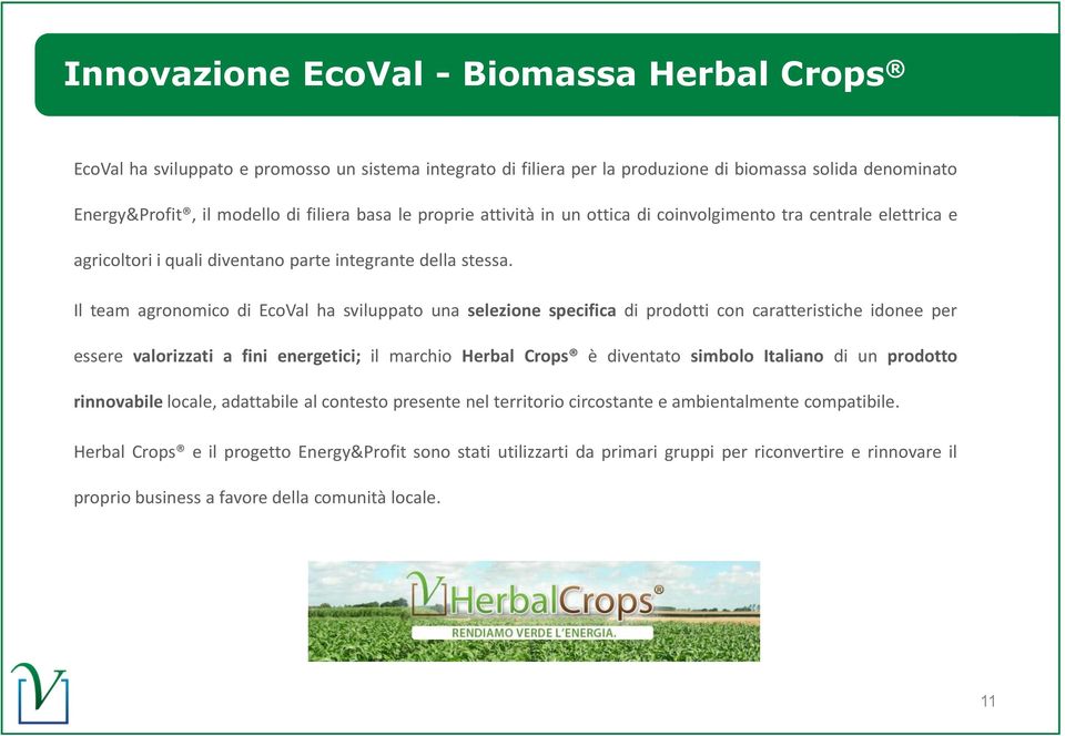 Il team agronomico di EcoVal ha sviluppato una selezione specifica di prodotti con caratteristiche idonee per essere valorizzati a fini energetici; il marchio Herbal Crops è diventato simbolo