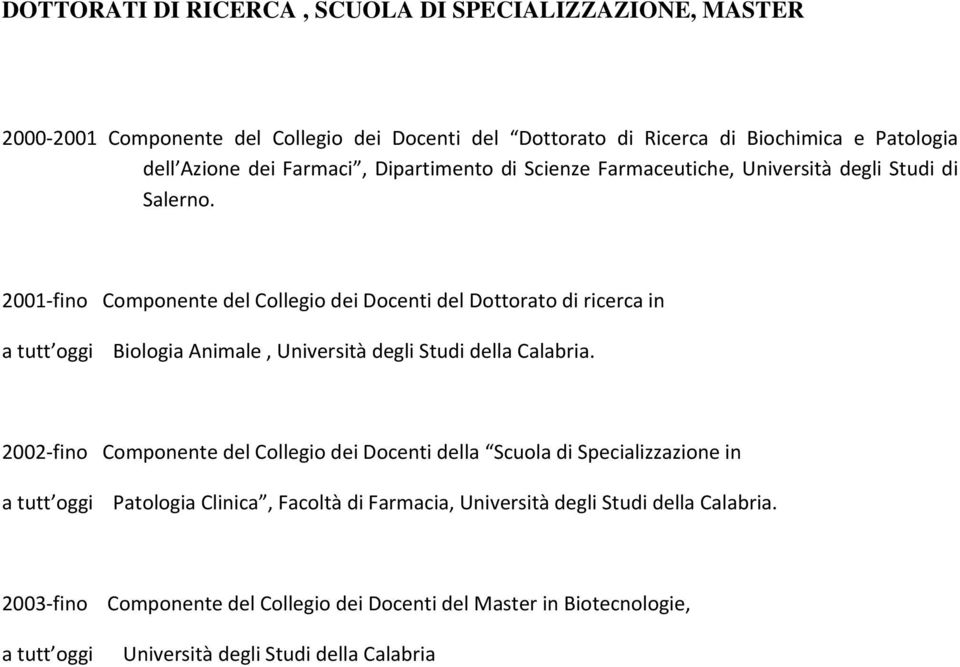 2001 fino Componente del Collegio dei Docenti del Dottorato di ricerca in a tutt oggi Biologia Animale, Università degli Studi della Calabria.