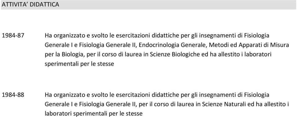 allestito i laboratori sperimentali per le stesse 1984 88 Ha organizzato e svolto le esercitazioni didattiche per gli insegnamenti di