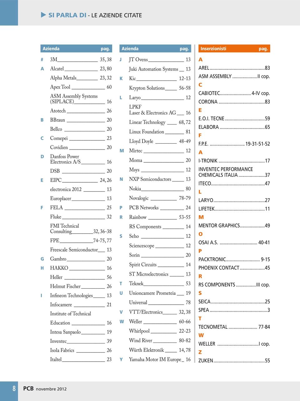 EIPC 24, 26 electronica 2012 13 Europlacer 13 F FELA 25 Fluke 32 FMI Technical Consulting 32, 36-38 FPE 74-75, 77 Freescale Semiconductor 13 G Gambro 20 H HAKKO 16 Heller 56 Helmut Fischer 26 I