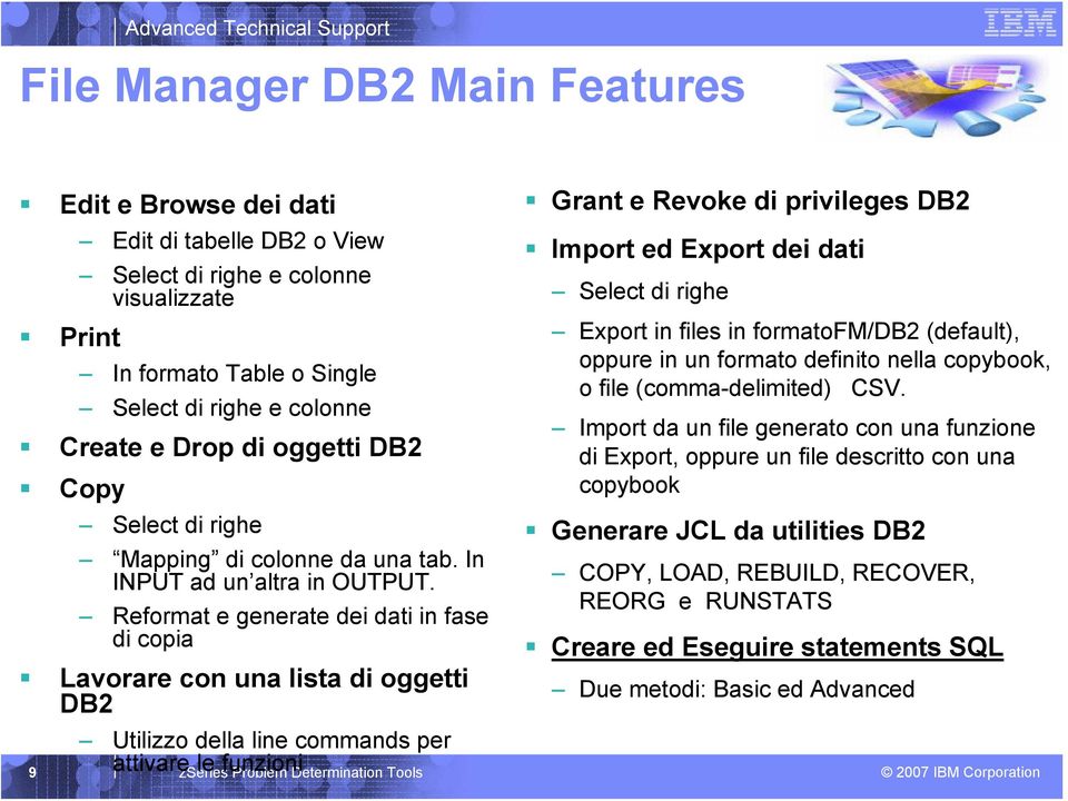 Reformat e generate dei dati in fase di copia Lavorare con una lista di oggetti DB2 Utilizzo della line commands per attivare le funzioni 9 zseries Problem Determination Tools Grant e Revoke di