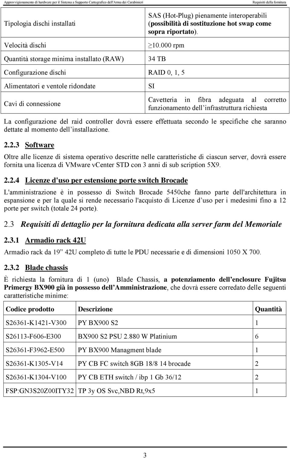 000 rpm 34 TB Configurazione dischi RAID 0, 1, 5 Alimentatori e ventole ridondate Cavi di connessione SI Cavetteria in fibra adeguata al corretto funzionamento dell infrastruttura richiesta La