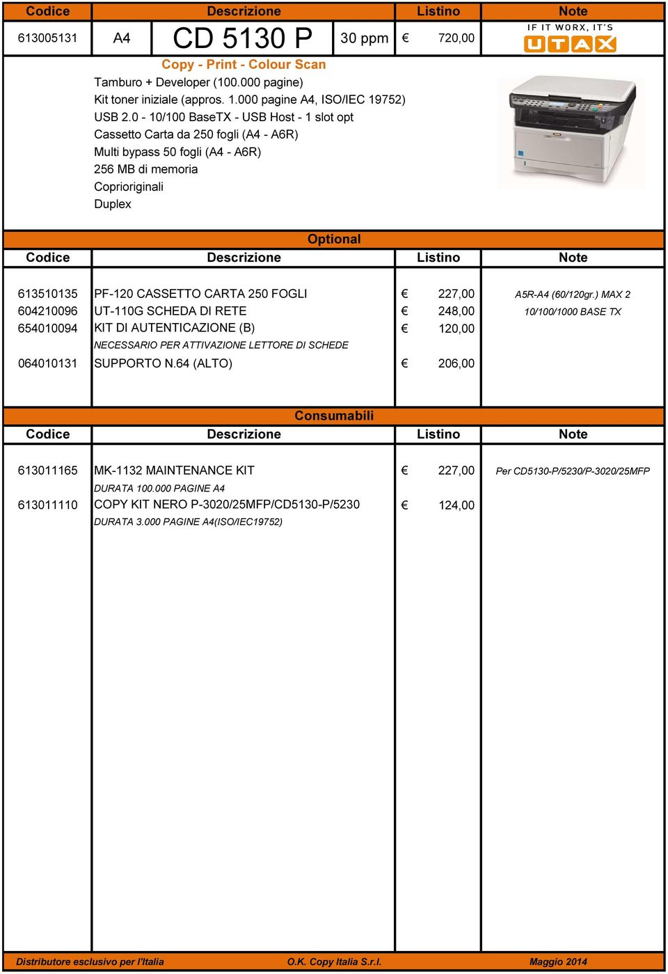 250 FOGLI 227,00 604210096 UT-110G SCHEDA DI RETE 248,00 654010094 KIT DI AUTENTICAZIONE (B) 120,00 NECESSARIO PER ATTIVAZIONE LETTORE DI SCHEDE 064010131 SUPPORTO N.64 (ALTO) 206,00 A5R-A4 (60/120gr.