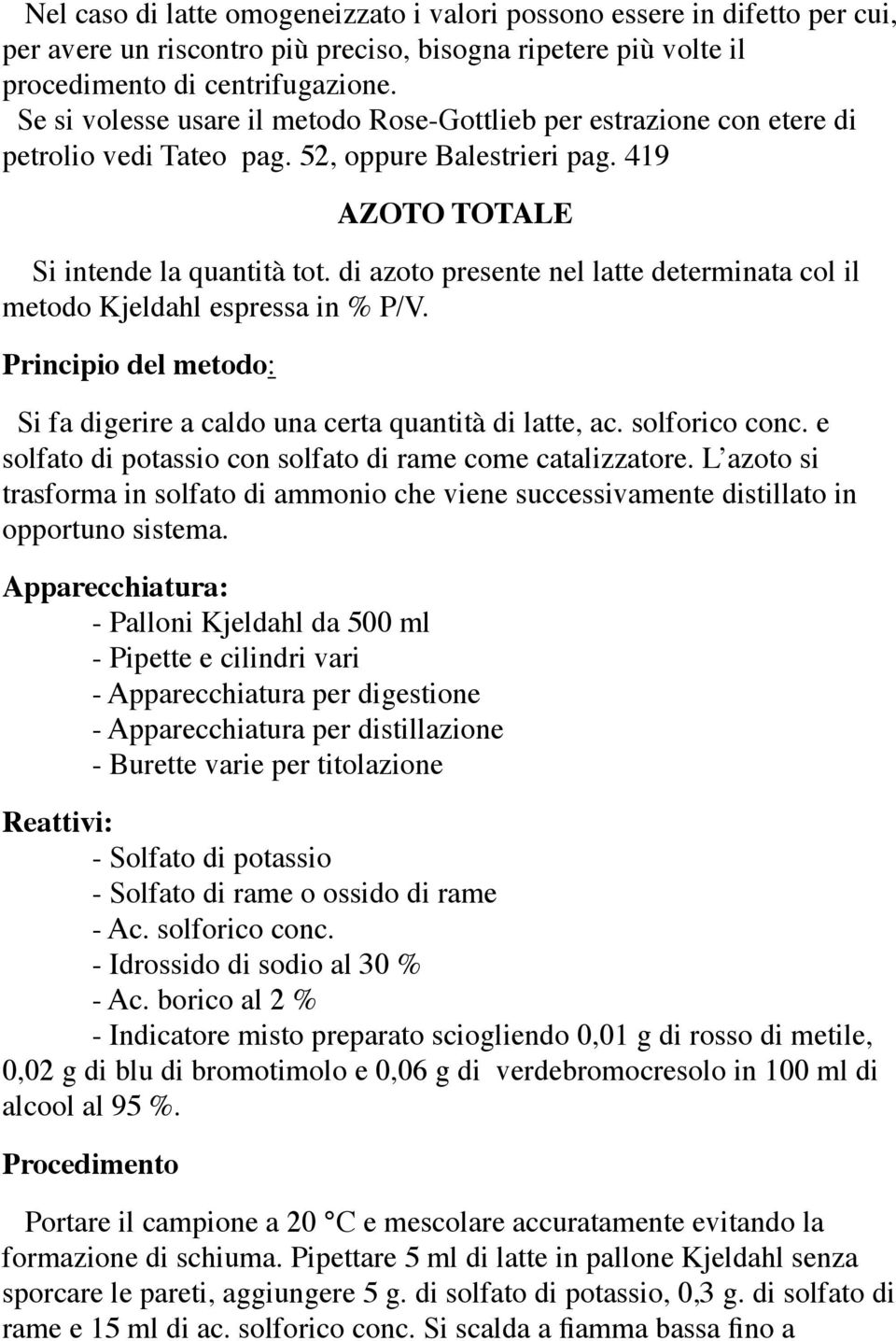 di azoto presente nel latte determinata col il metodo Kjeldahl espressa in % P/V. Principio del metodo: Si fa digerire a caldo una certa quantità di latte, ac. solforico conc.