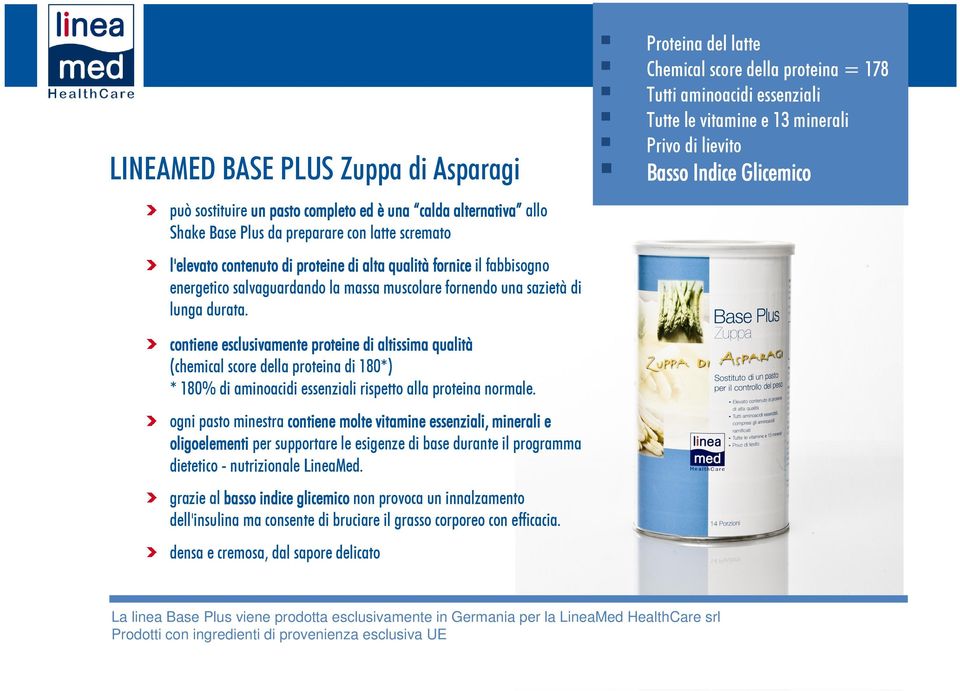 contiene esclusivamente proteine di altissima qualità (chemical score della proteina di 180*) * 180% di aminoacidi essenziali rispetto alla proteina normale.