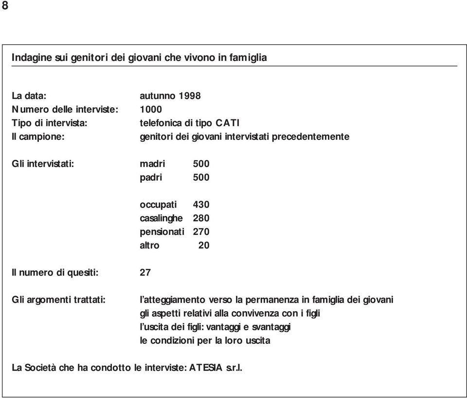 casalinghe 280 pensionati 270 altro 20 Gli argomenti trattati: l atteggiamento verso la permanenza in famiglia dei giovani gli aspetti relativi alla