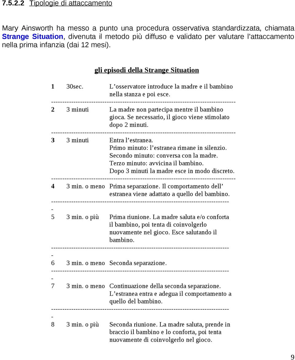 nella prima infanzia (dai 12 mesi). gli episodi della Strange Situation 1 30sec. L osservatore introduce la madre e il bambino nella stanza e poi esce.