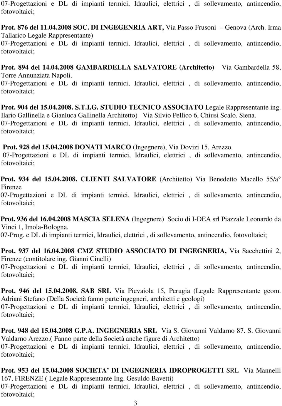 04.2008 DONATI MARCO (Ingegnere), Via Dovizi 15, Arezzo. Prot. 934 del 15.04.2008. CLIENTI SALVATORE (Architetto) Via Benedetto Macello 55/a Firenze Prot. 936 del 16.04.2008 MASCIA SELENA (Ingegnere) Socio di I-DEA srl Piazzale Leonardo da Vinci 1, Imola-Bologna.