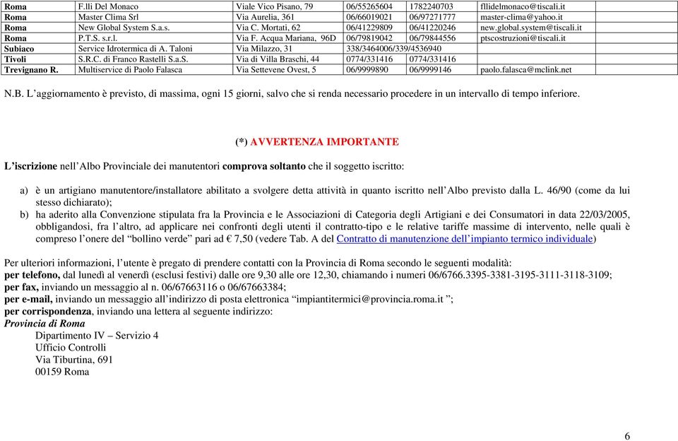 it Subiaco Service Idrotermica di A. Taloni Via Milazzo, 31 338/3464006/339/4536940 Tivoli S.R.C. di Franco Rastelli S.a.S. Via di Villa Braschi, 44 0774/331416 0774/331416 Trevignano R.