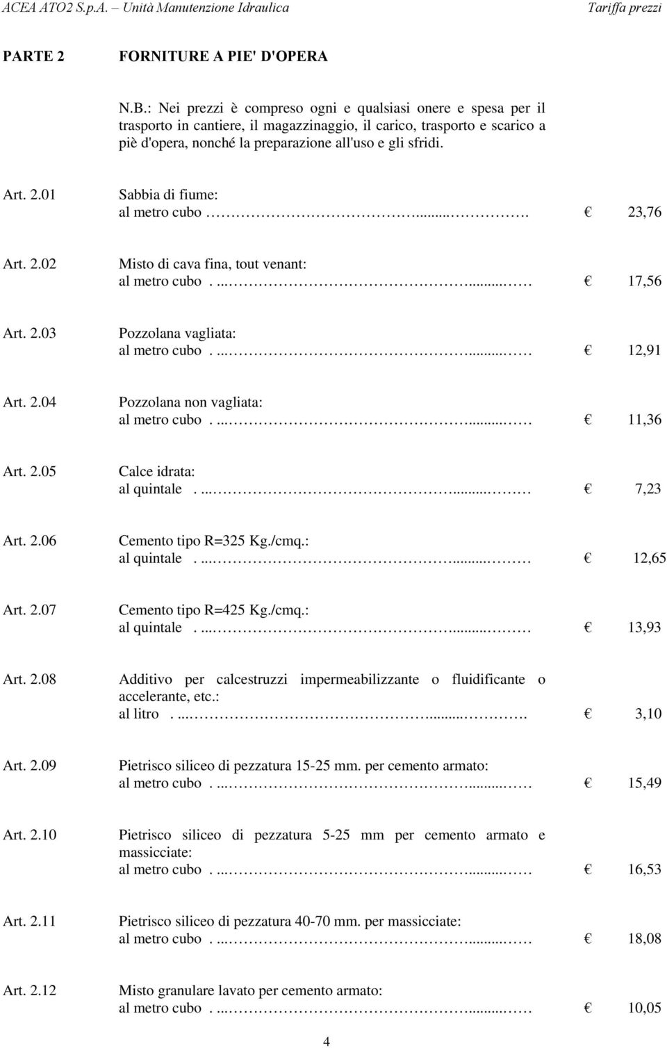 2.01 Sabbia di fiume: al metro cubo.... 23,76 Art. 2.02 Misto di cava fina, tout venant: al metro cubo....... 17,56 Art. 2.03 Pozzolana vagliata: al metro cubo....... 12,91 Art. 2.04 Pozzolana non vagliata: al metro cubo.