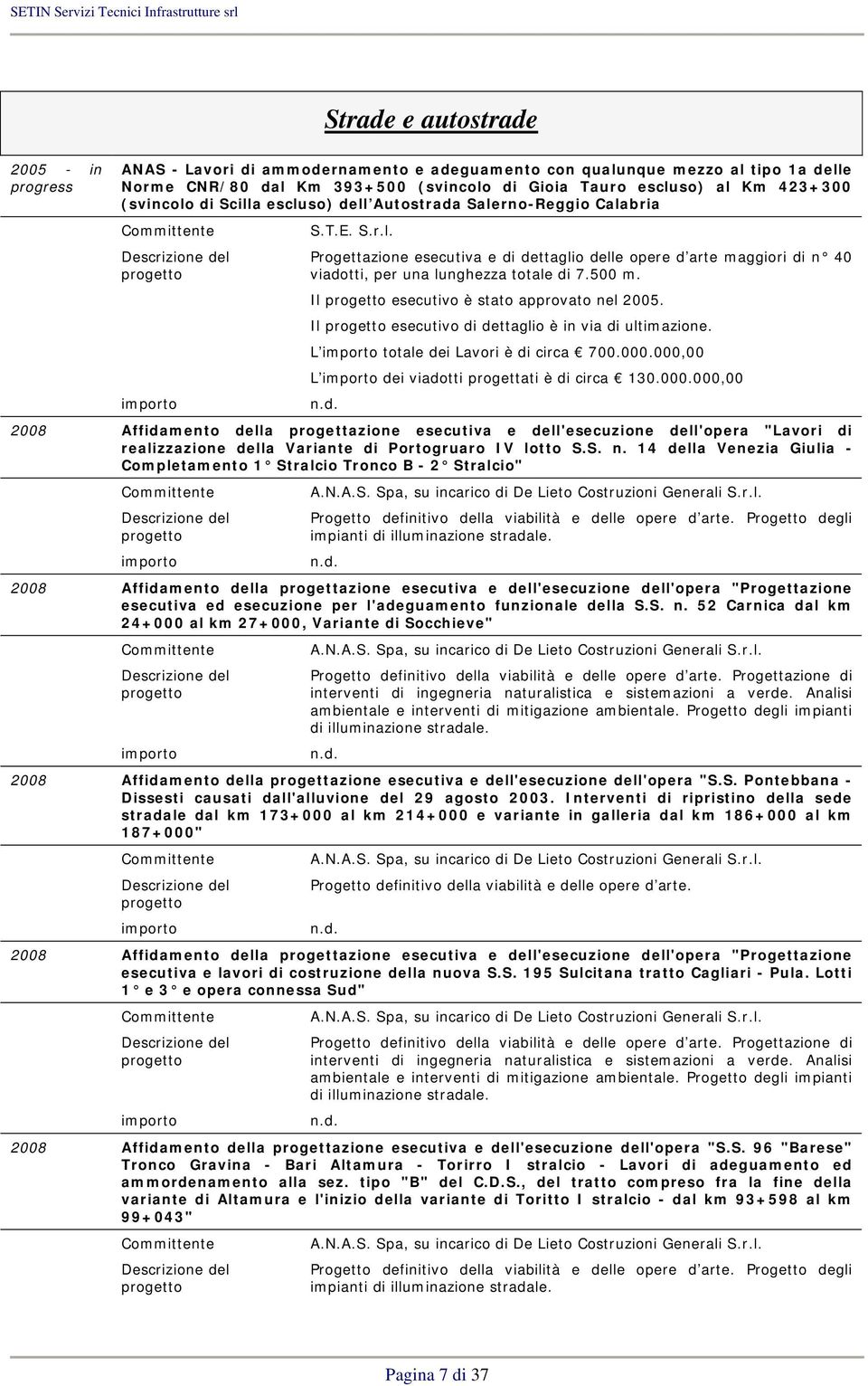 500 m. Il esecutivo è stato approvato nel 2005. Il esecutivo di dettaglio è in via di ultimazione. L totale dei Lavori è di circa 700.000.