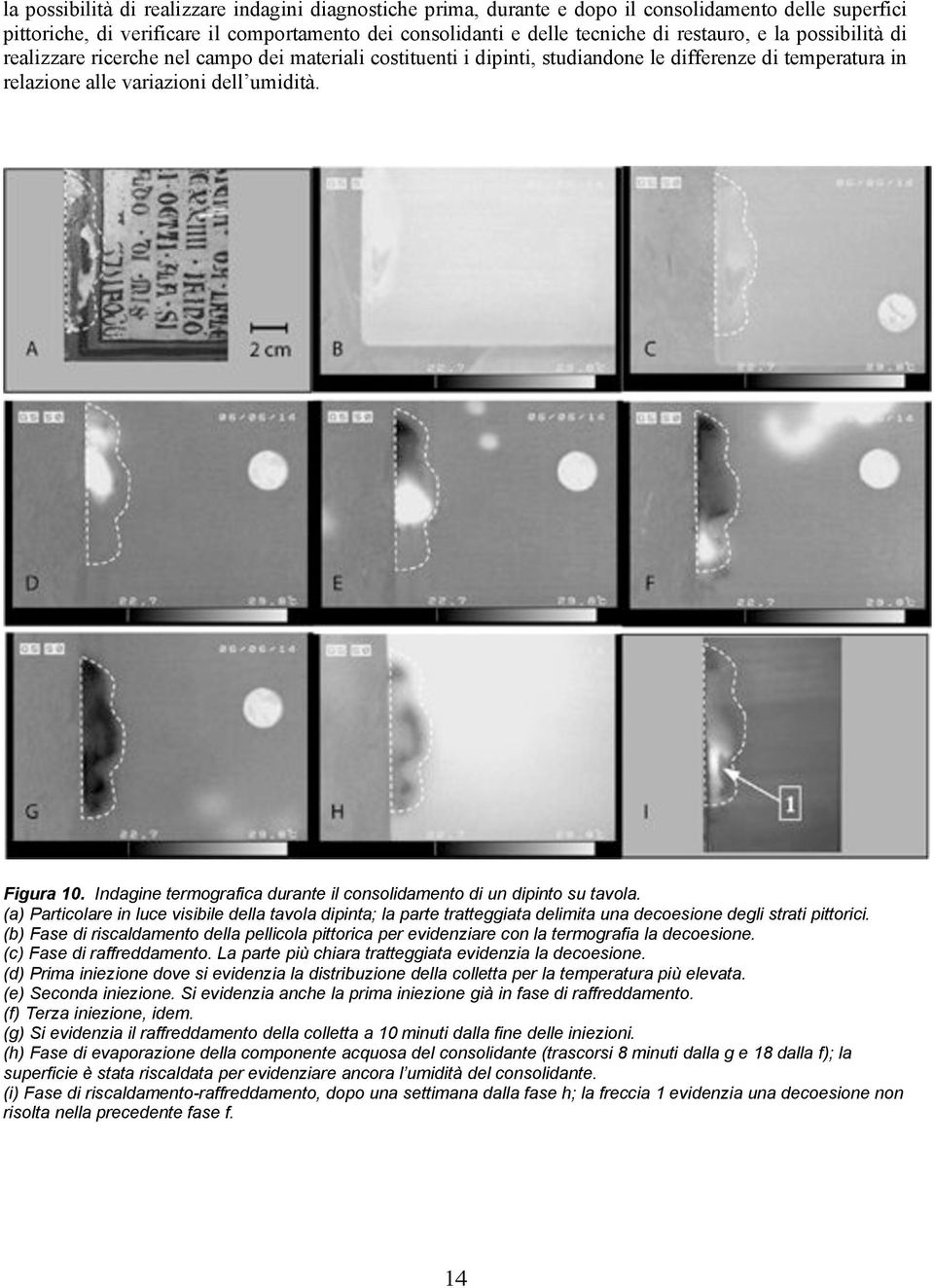 Indagine termografica durante il consolidamento di un dipinto su tavola. (a) Particolare in luce visibile della tavola dipinta; la parte tratteggiata delimita una decoesione degli strati pittorici.