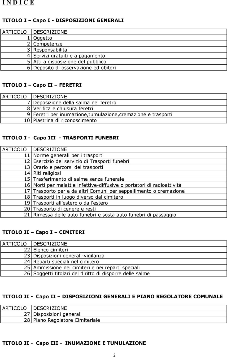 10 Piastrina di riconoscimento TITOLO I - Capo III - TRASPORTI FUNEBRI ARTICOLO DESCRIZIONE 11 Norme generali per i trasporti 12 Esercizio del servizio di Trasporti funebri 13 Orario e percorsi dei