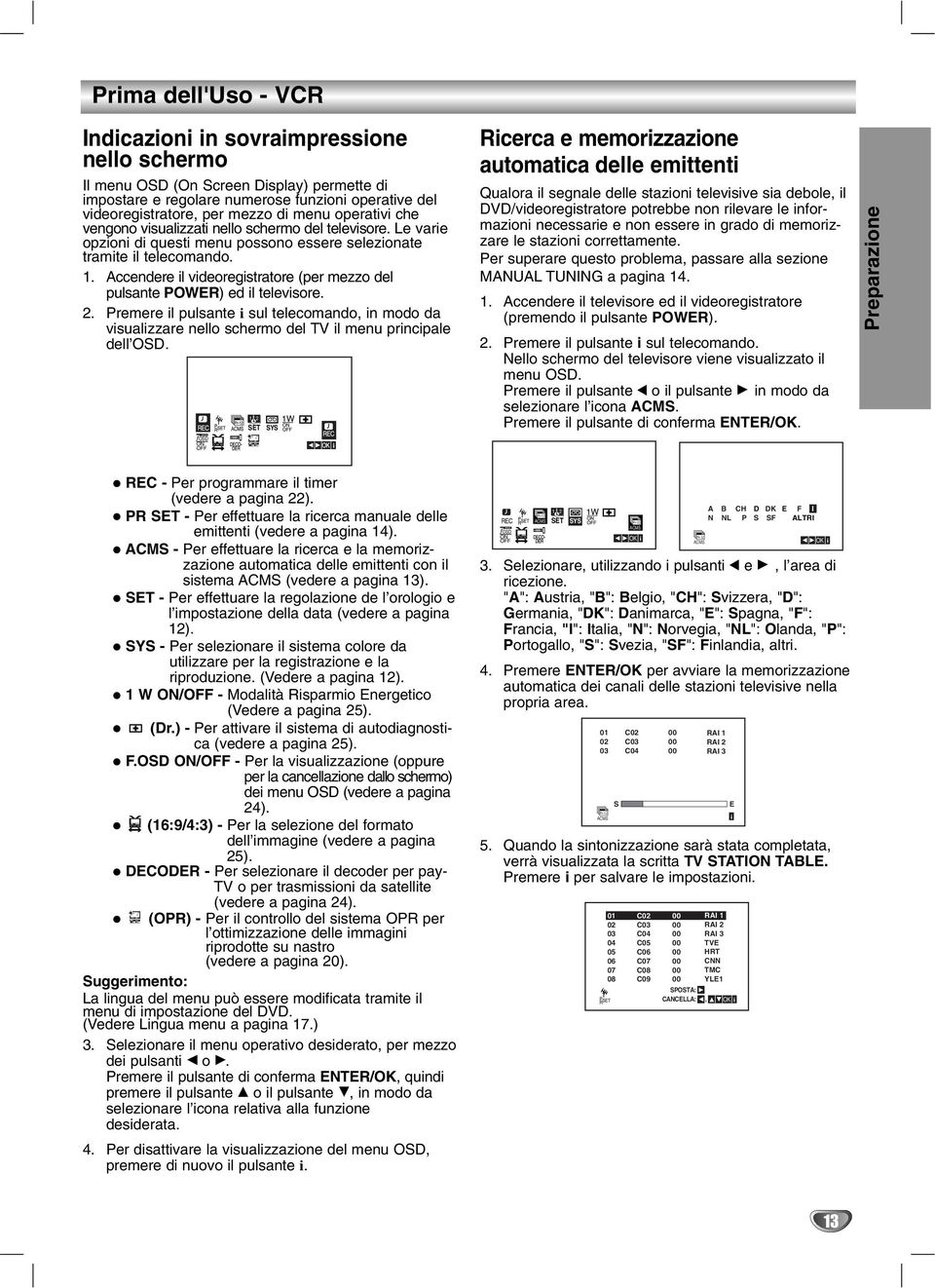 Accendere il videoregistratore (per mezzo del pulsante POWER) ed il televisore. 2. Premere il pulsante i sul telecomando, in modo da visualizzare nello schermo del TV il menu principale dell OSD.