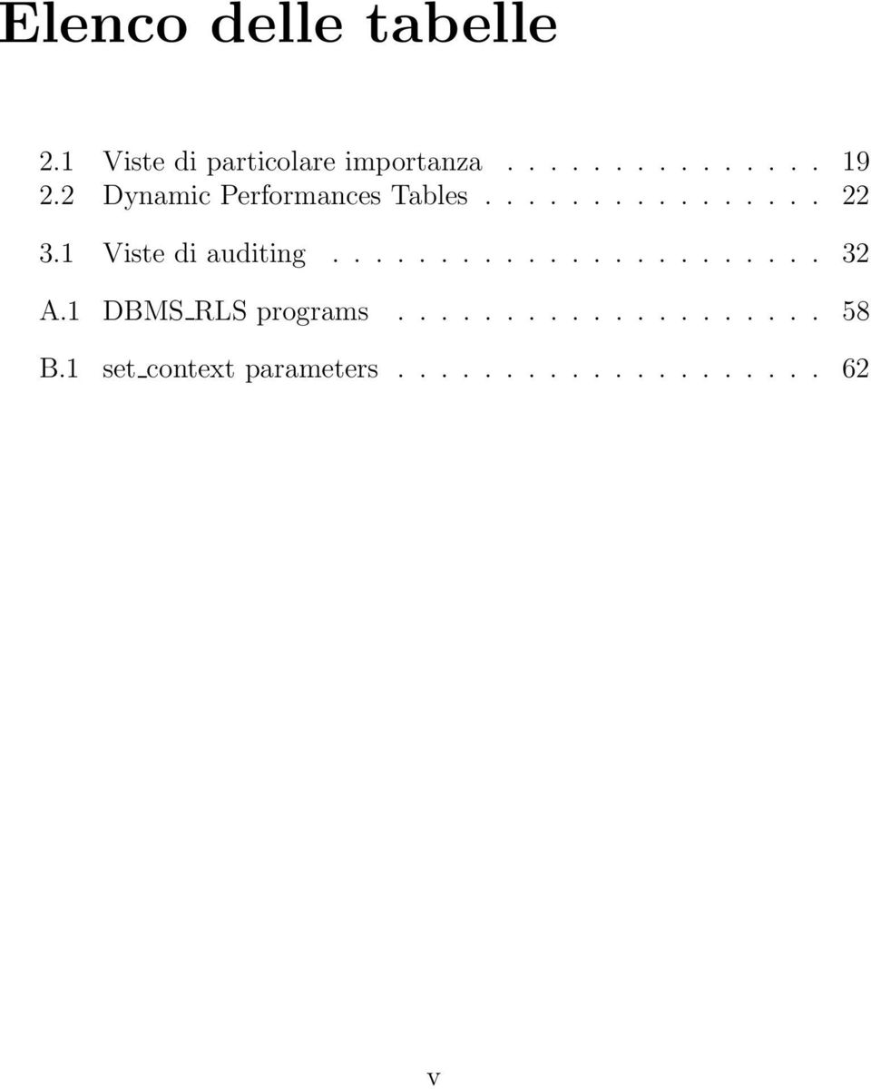 1 Viste di auditing....................... 32 A.1 DBMS RLS programs.