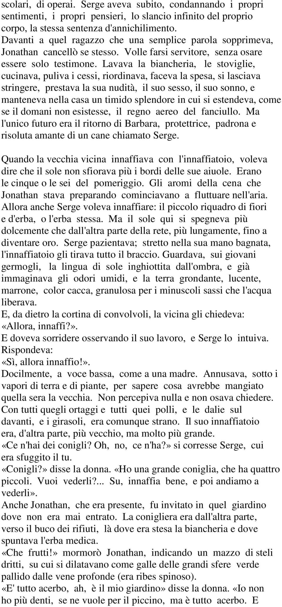 Lavava la biancheria, le stoviglie, cucinava, puliva i cessi, riordinava, faceva la spesa, si lasciava stringere, prestava la sua nudità, il suo sesso, il suo sonno, e manteneva nella casa un timido