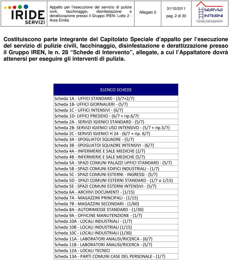 ELENCO SCHEDE Scheda 1A - UFFICI STANDARD - (3/7+2/7) Scheda 1B- UFFICI GIORNALIERI - (5/7) Scheda 1C - UFFICI INTENSIVI - (6/7) Scheda 1D- UFFICI PRESIO - (6/7 + rip.