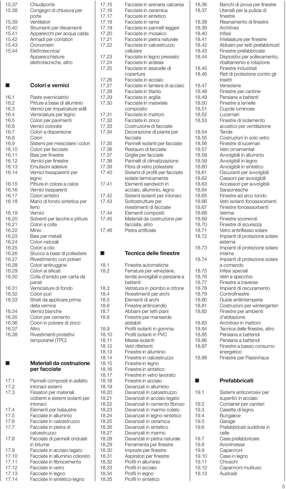 5 Colori per pavimenti 16.6 Vernici colorate 16.7 Colori a dispersione 16.8 Colori 16.9 Sistemi per mescolare i colori 16.10 Colori per facciate 16.11 Basi per finestre 16.12 Vernici per finestre 16.