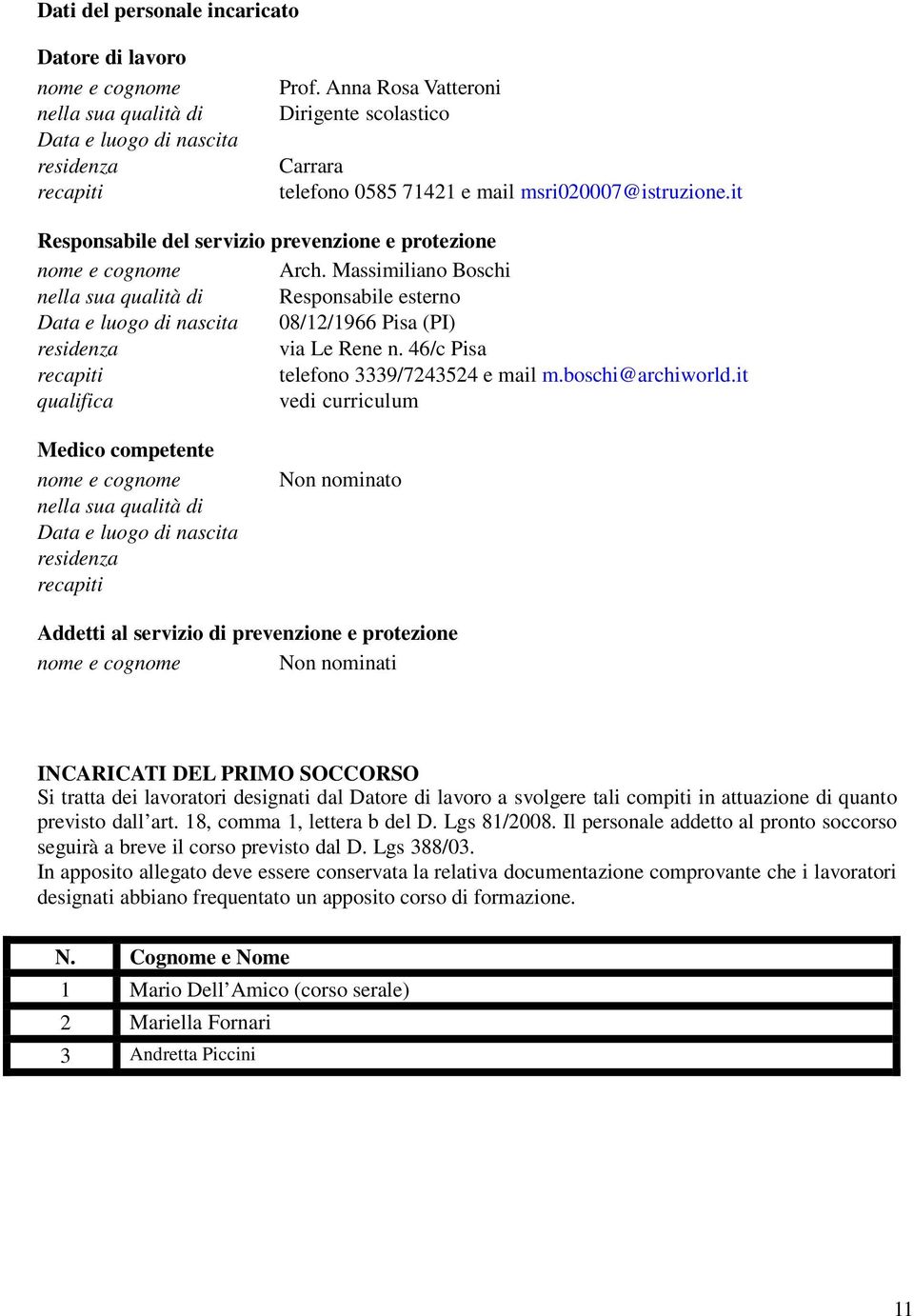 Massimiliano Boschi nella sua qualità di Responsabile esterno Data e luogo di nascita 08/12/1966 Pisa (PI) residenza via Le Rene n. 46/c Pisa recapiti telefono 3339/7243524 e mail m.boschi@archiworld.