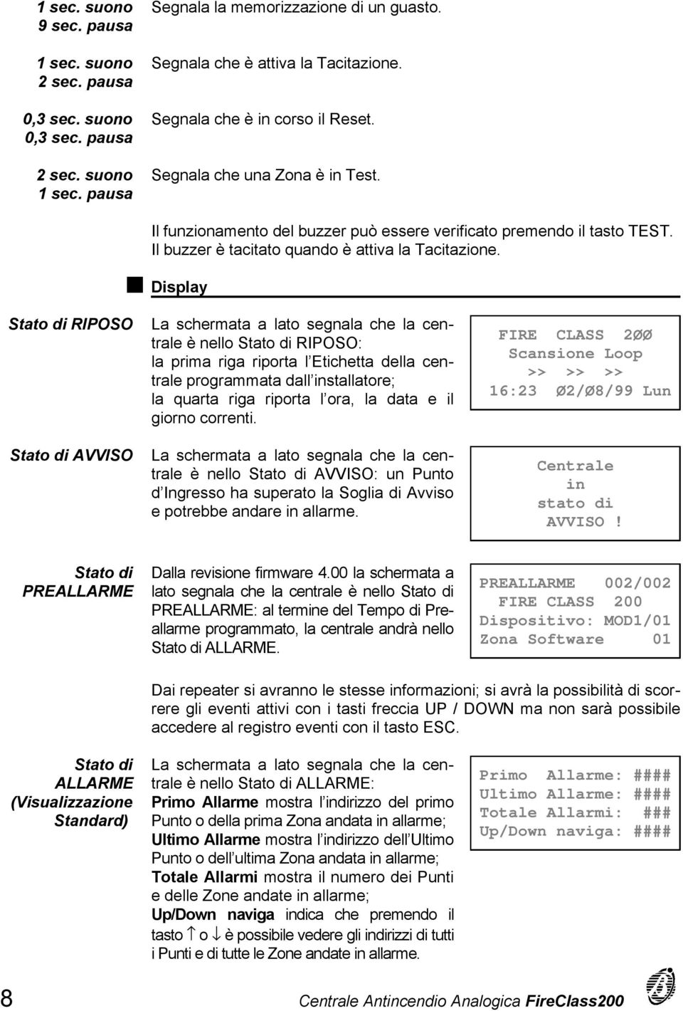 Display Stato di RIPOSO Stato di AVVISO La schermata a lato segnala che la centrale è nello Stato di RIPOSO: la prima riga riporta l Etichetta della centrale programmata dall installatore; la quarta