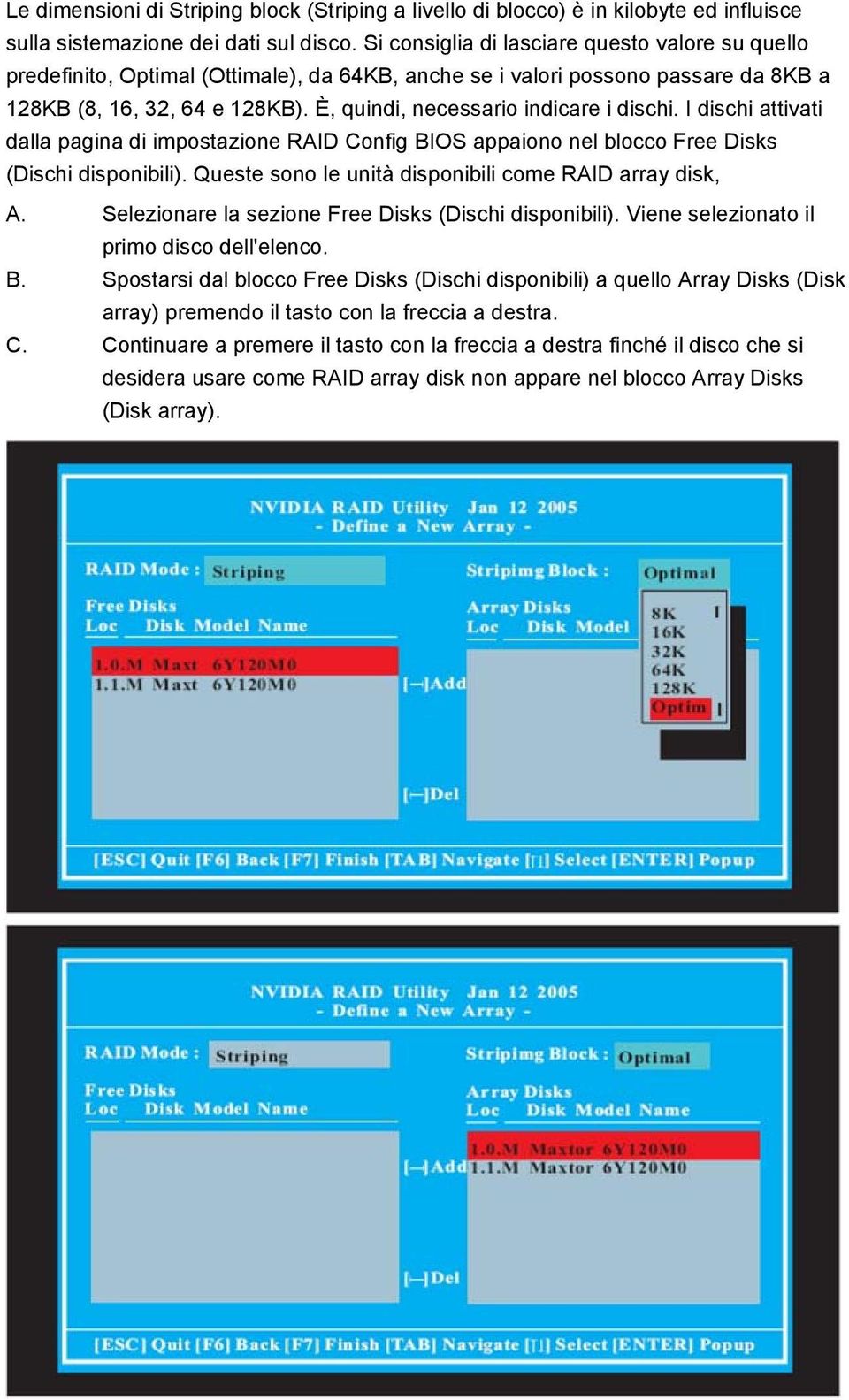 È, quindi, necessario indicare i dischi. I dischi attivati dalla pagina di impostazione RAID Config BIOS appaiono nel blocco Free Disks (Dischi disponibili).