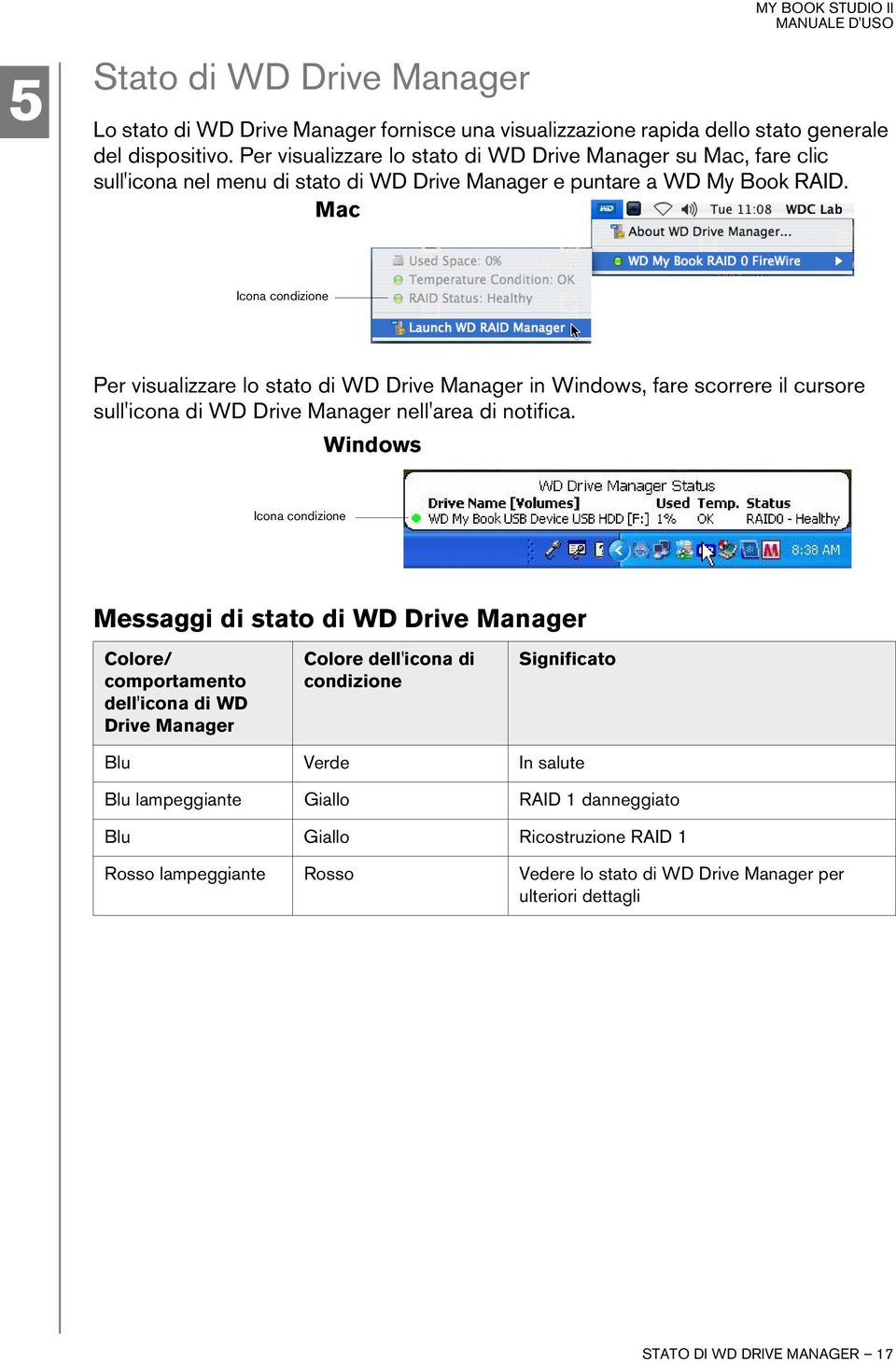 Mac Icona condizione Per visualizzare lo stato di WD Drive Manager in Windows, fare scorrere il cursore sull'icona di WD Drive Manager nell'area di notifica.