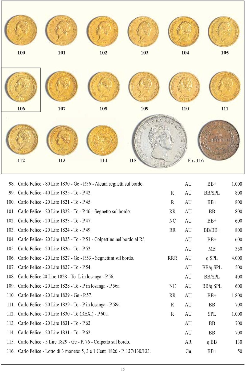 Carlo Felice - 20 Lire 1823 - To - P.47. NC AU BB+ 600 103. Carlo Felice - 20 Lire 1824 - To - P.49. RR AU BB/BB+ 800 104. Carlo Felice- 20 Lire 1825 - To - P.51 - Colpettino nel bordo al R/.