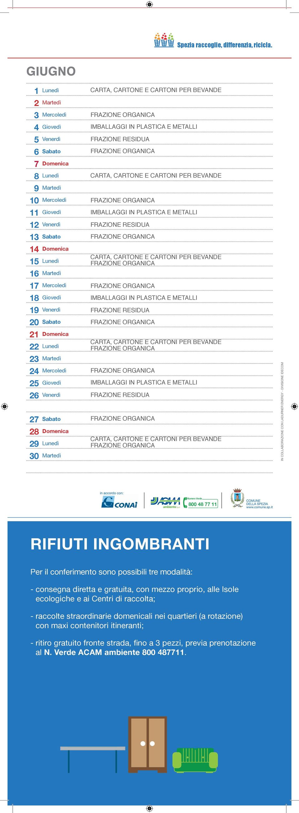 ingombranti Per il conferimento sono possibili tre modalità: --consegna diretta e gratuita, con mezzo proprio, alle Isole ecologiche e ai Centri di raccolta; --raccolte