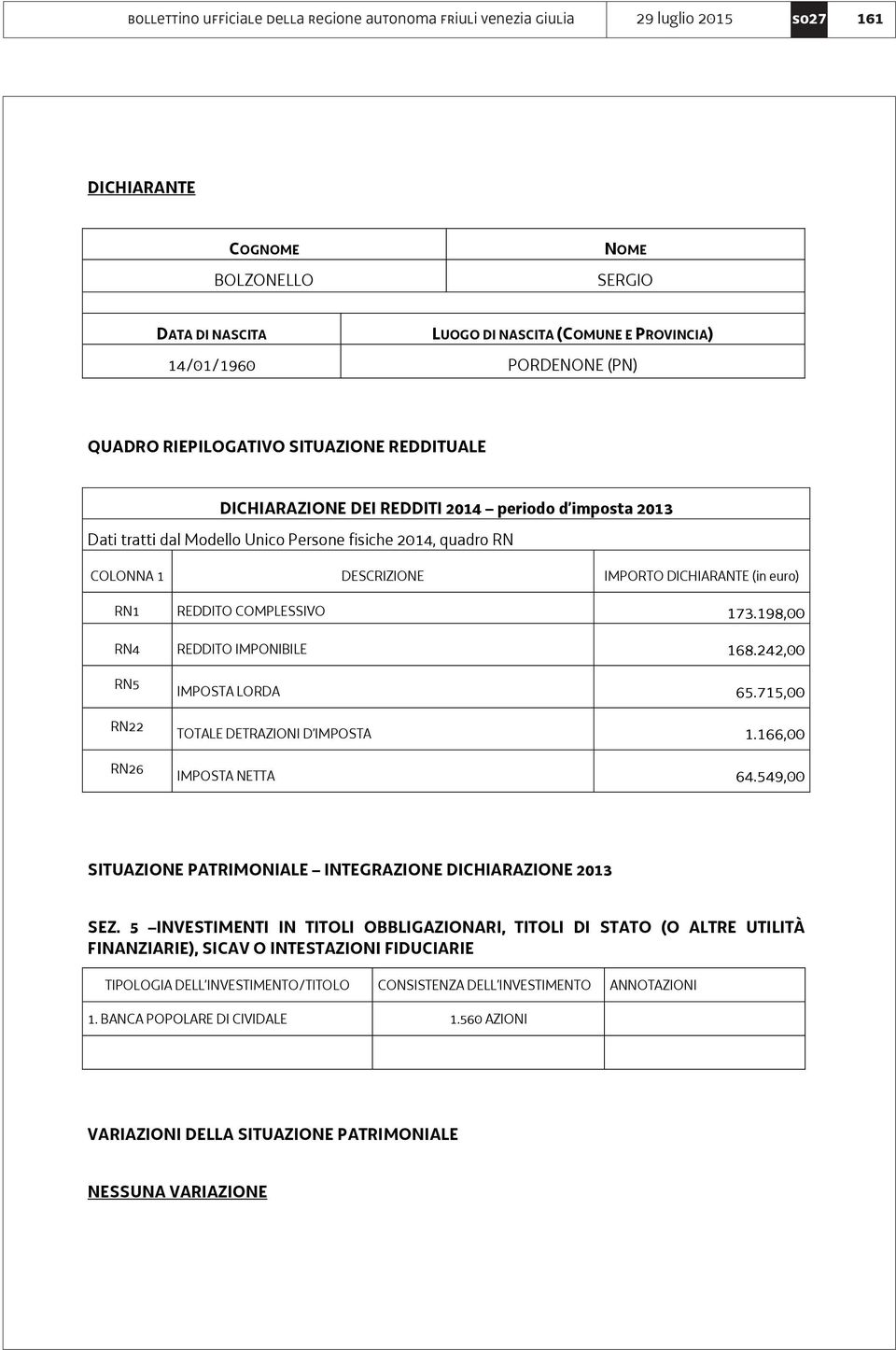 715,00 TOTALE DETRAZIONI D IMPOSTA 1.166,00 IMPOSTA NETTA 64.549,00 SITUAZIONE PATRIMONIALE INTEGRAZIONE DICHIARAZIONE 2013 SEZ.