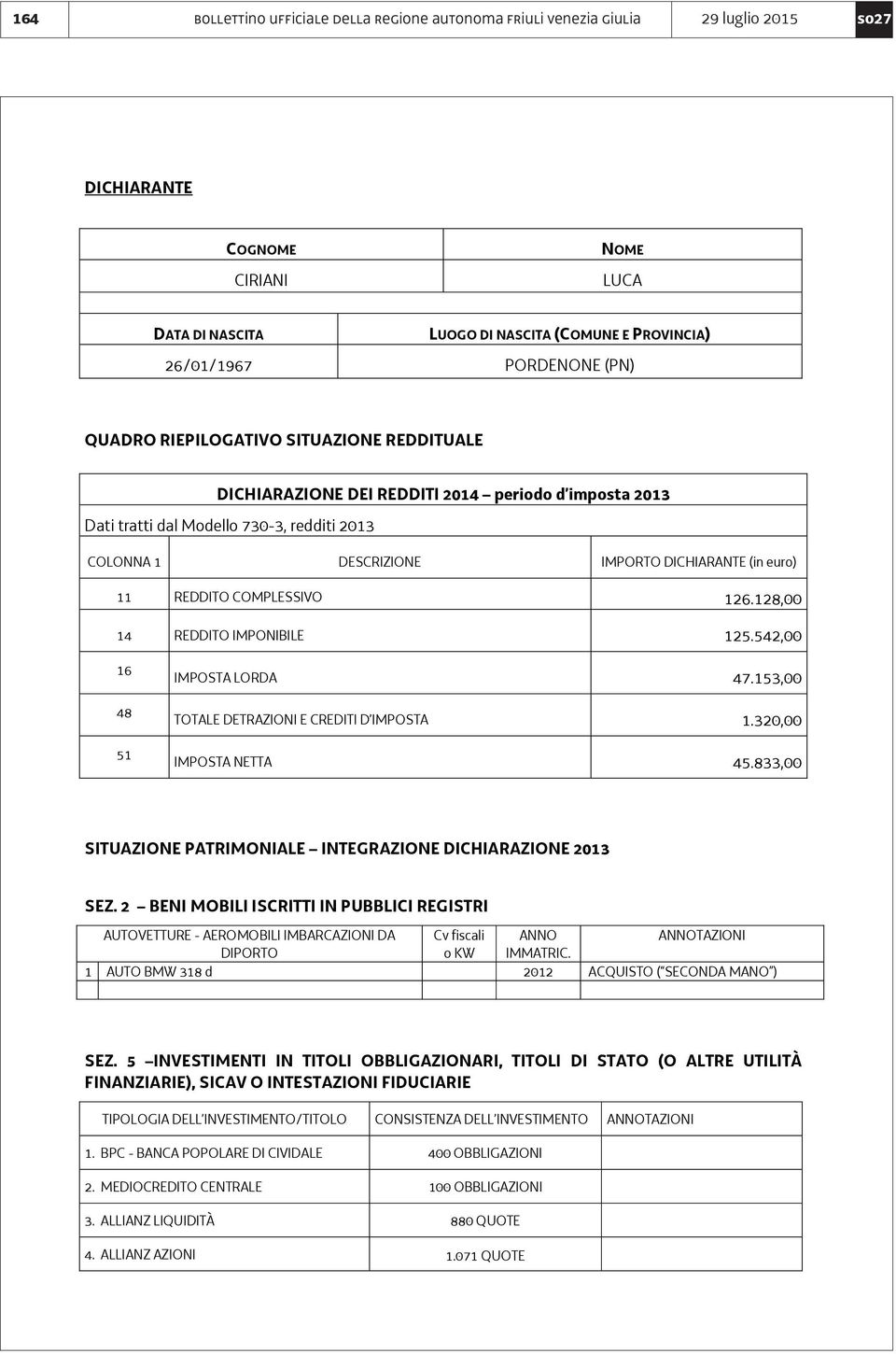 833,00 SITUAZIONE PATRIMONIALE INTEGRAZIONE DICHIARAZIONE 2013 SEZ.