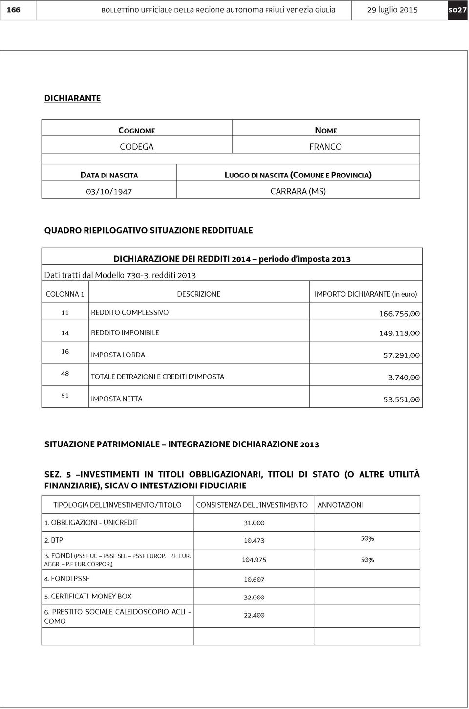 551,00 SITUAZIONE PATRIMONIALE INTEGRAZIONE DICHIARAZIONE 2013 SEZ.