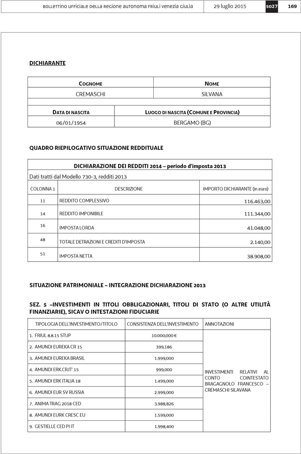 908,00 SITUAZIONE PATRIMONIALE INTEGRAZIONE DICHIARAZIONE 2013 SEZ.