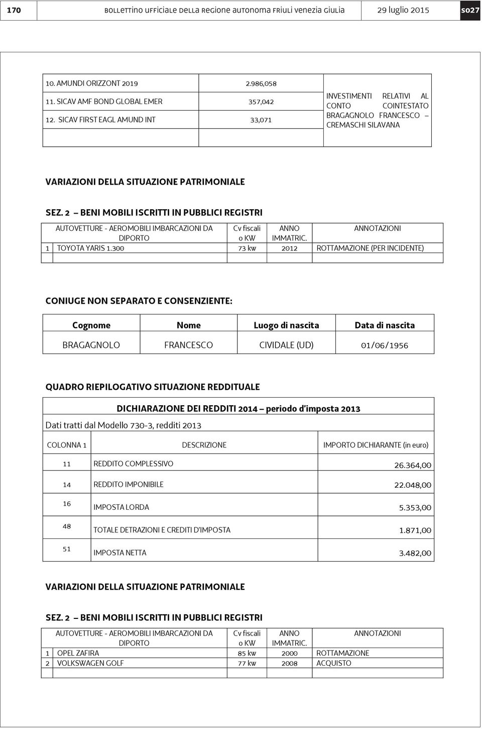 2 BENI MOBILI ISCRITTI IN PUBBLICI REGISTRI AUTOVETTURE - AEROMOBILI IMBARCAZIONI DA Cv fiscali ANNO ANNOTAZIONI DIPORTO o KW IMMATRIC. 1 TOYOTA YARIS 1.