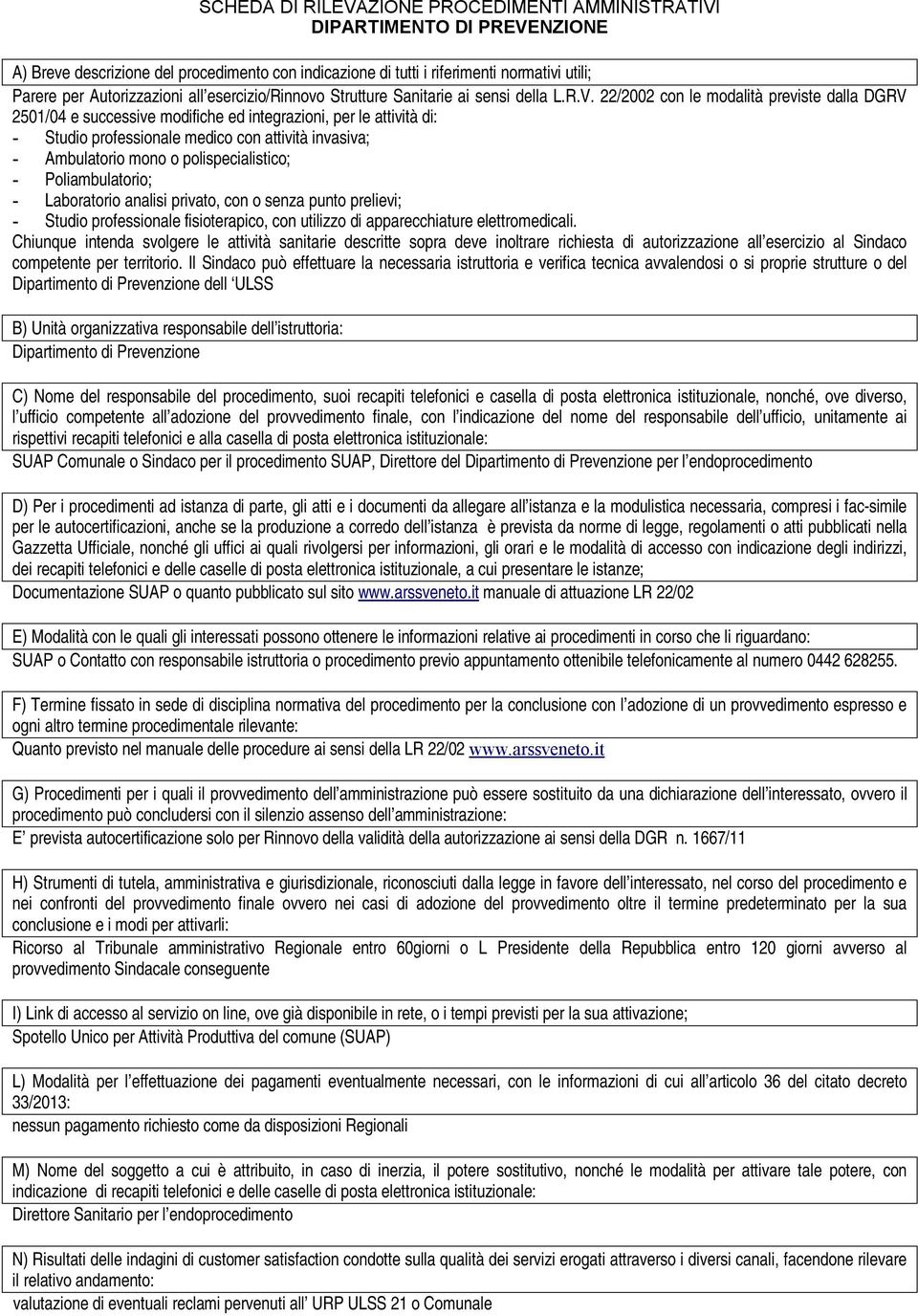 22/2002 con le modalità previste dalla DGRV 2501/04 e successive modifiche ed integrazioni, per le attività di: - Studio professionale medico con attività invasiva; - Ambulatorio mono o